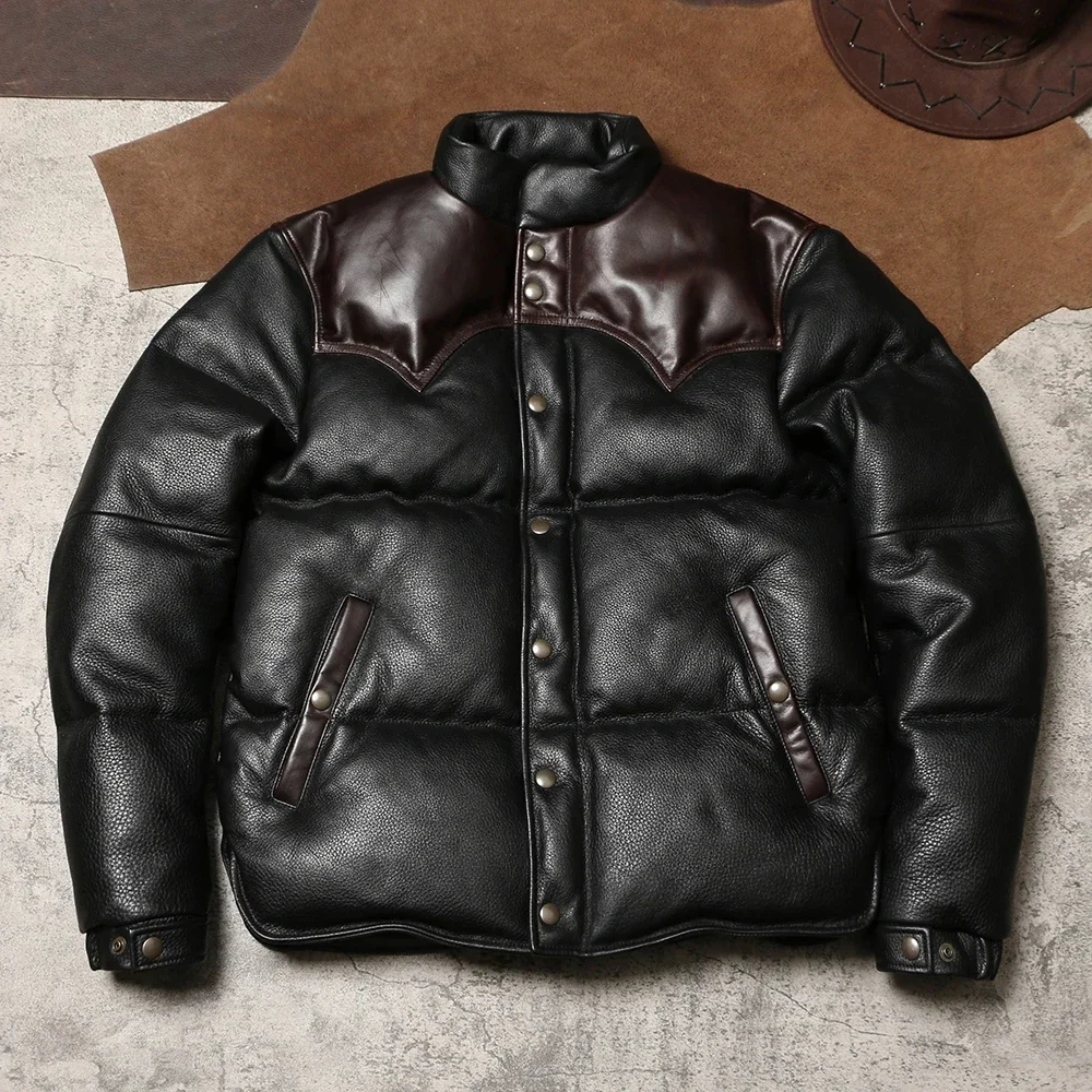 Blunt Razor Winter Extra Thick Leather Down Bread Jacket Men's Vintage Warm with Cowhide and Duck