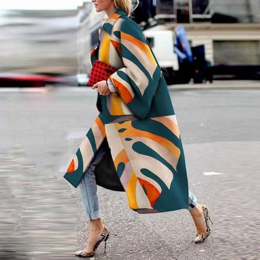 

Winter Coat for Women 2021 Autumn New Fashion Long Trumpet-Sleeved Coat Printed Long-Sleeved Loose Windbreaker
