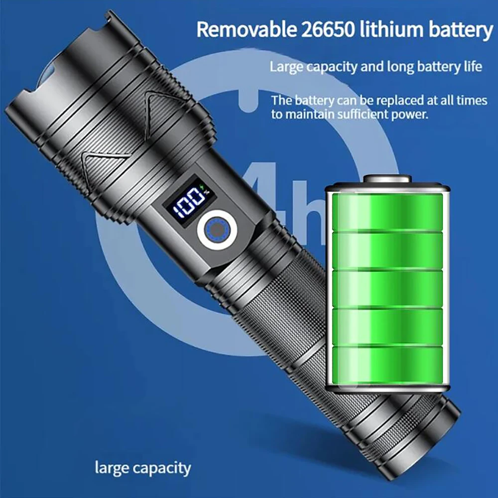 Самый мощный перезаряжаемый фонарик 5200 мАч 5000 м тактический фонарь ультраяркие