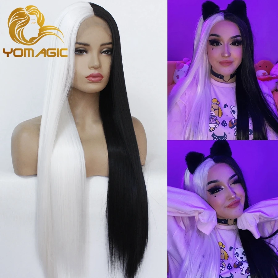 Yomagic Synthetic Hair Lace Front Wigs Natural Hairline The Half Black The Half White Color Cosplay Glueless Lace Wigs