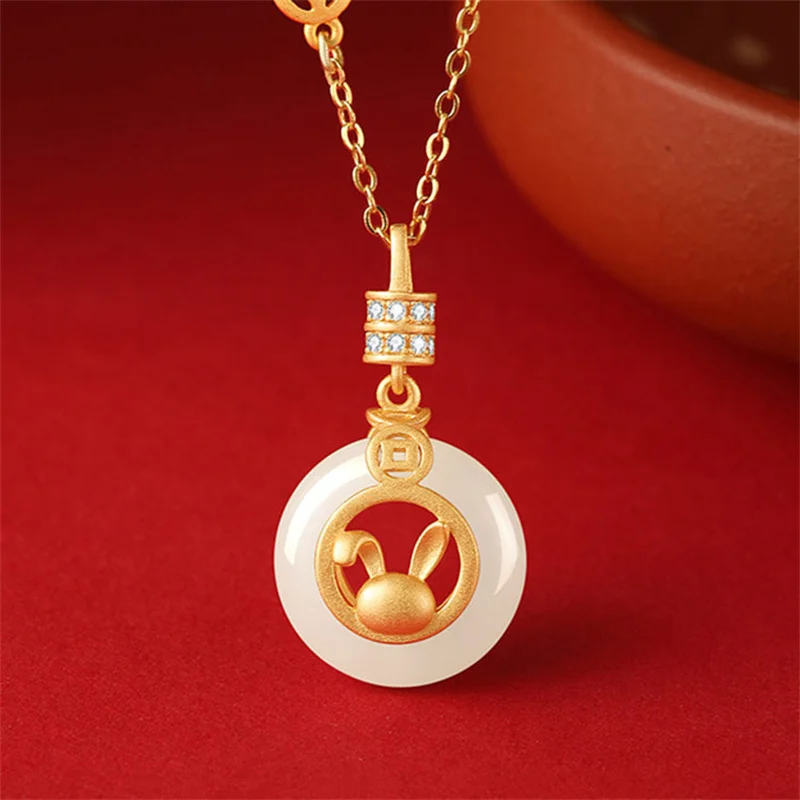 

2023 Zodiac Rabbit Necklace For Lady New Year Accessories Quality Jade Round Buckle Pendant Women 925 Silver Clavicle Necklaces