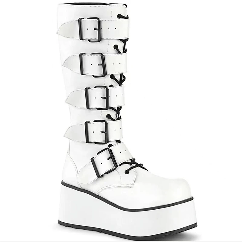 Женские сапоги на платформе и высоком каблуке Белые Повседневные до колена в