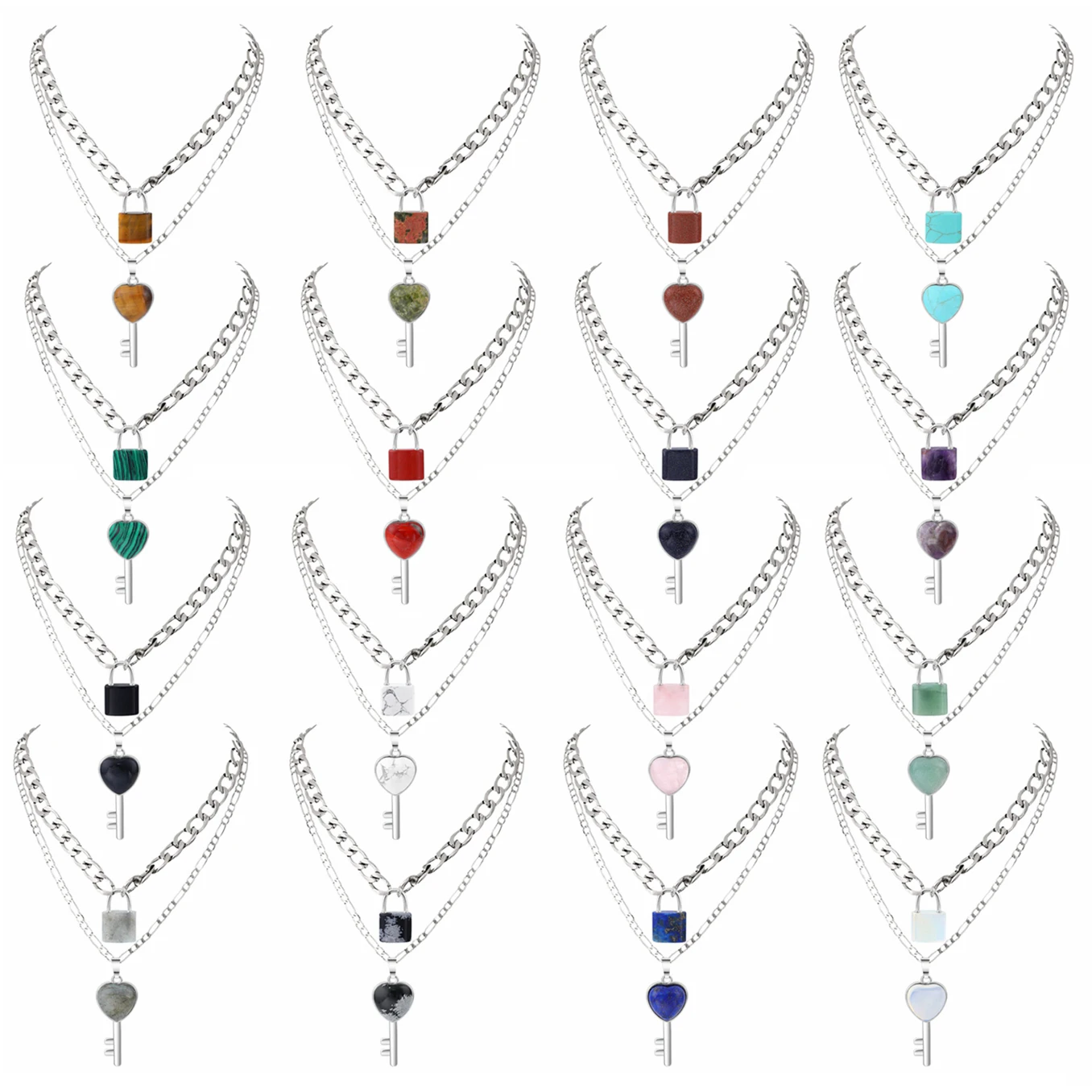 

Double Layer Steel Chain Necklace with Gemstone Lock and Key Pendant Women Men Cute Romantic Chakra Healing Choker Jewelry