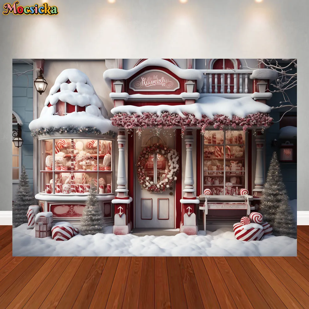 

Mocsicka Candy Store Backdrops Christmas Kids Portrait Props Child Baby Photocall Photostudio Xmas Snowy Street Background