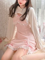 houzhou kawaii lolita dress women japanese sweet lace bow fairycore slim sexy cute sleeveless mini dress party korean fashion