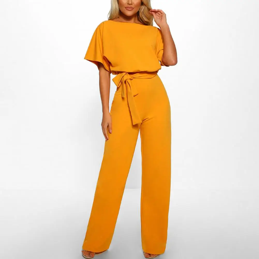 

Bat Sleeve Straight Leg Business Jumpsuit Round Neck Back Hollow Out Women Playsuit Elegant Solid Color High Waist Jumpsuit