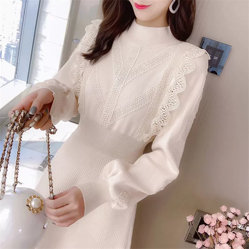 

Half Turtleneck Knit Dress 2021 Autumn Winter Long Sleeve Lace edge A-line Dress Women Elegant Long Sweater Dress Vestido H304