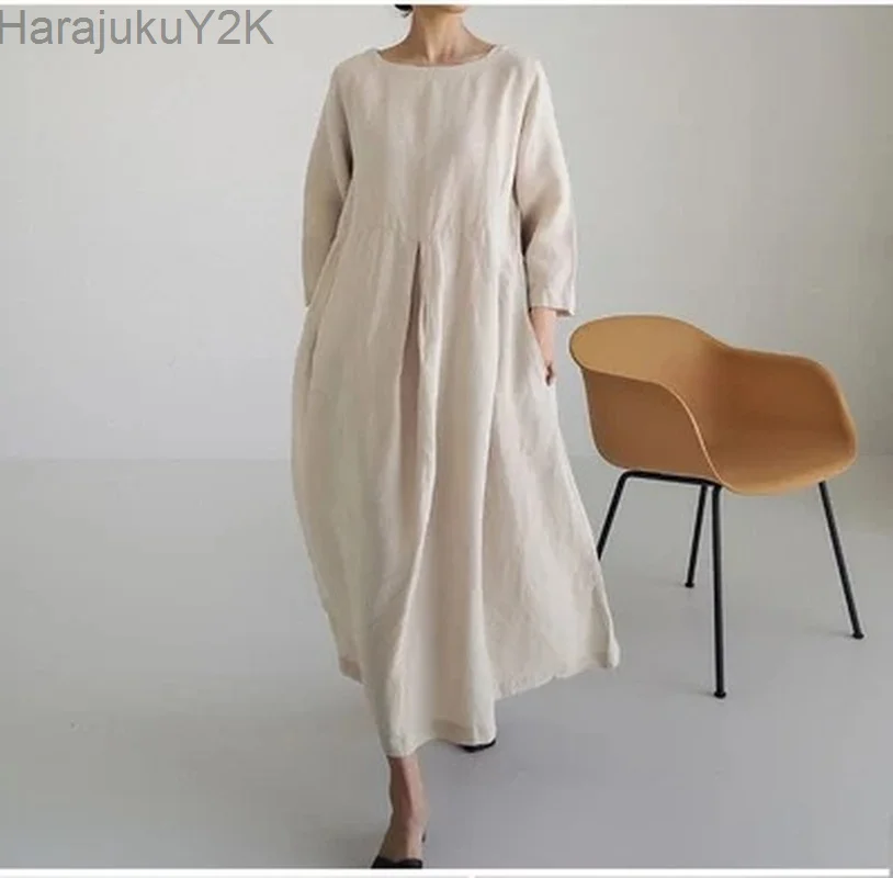

New 2022 Women Spring Autunm Dresses Vintage High Waist Cotton and Linen Korean Lady Oversized Long Dresses