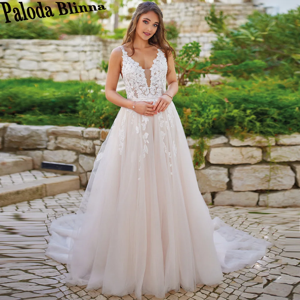 

Paloda Charming Appliques Backless Wedding Dresses For Bride V-Neck Sleeveless A-LINE Zipper Court Train Tulle Robe De Mariée