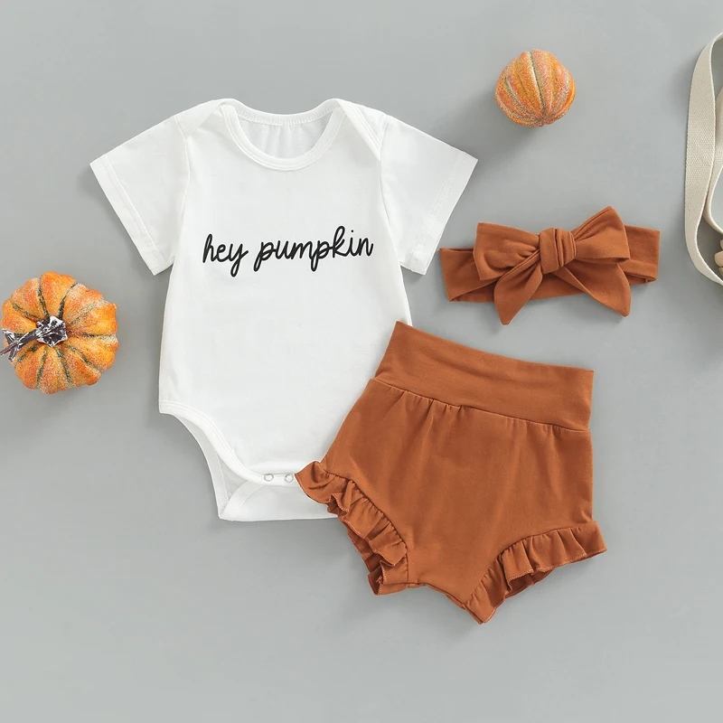 

Halloween Newborn Baby Boys Girls Clothes Sets Letter Print Short Sleeve Bodysuits+High Waist Ruffles Shorts+Headband Outfits