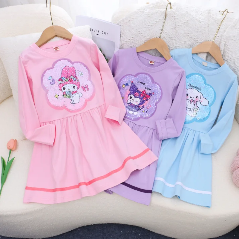 Платье для девочек Sanrio 2024 с длинными рукавами Kuromi My Melody Cinnamoroll Осенняя юбка