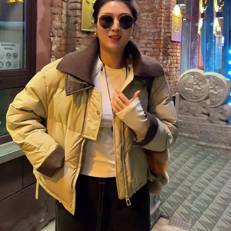 Вязаная утолщенная женская куртка на хлопковой подкладке с лацканами осень-зима