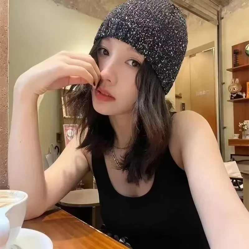 Весенняя тонкая женская Вязаная Шапка-бини с блестками в Корейском стиле