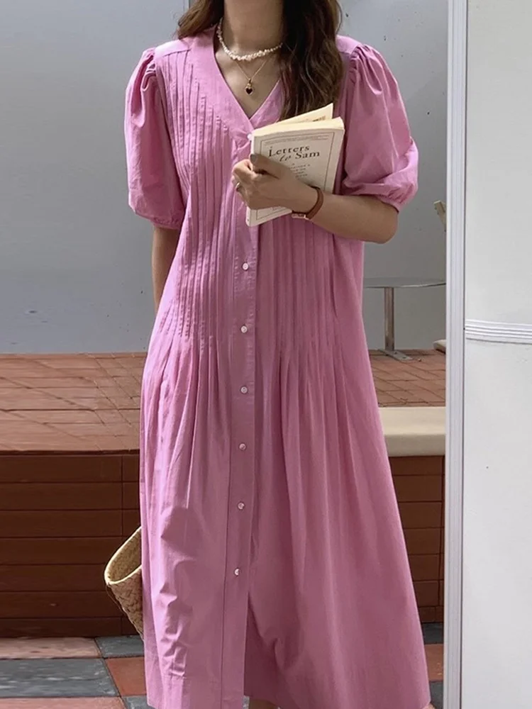 

Женское однобортное платье, корейское шикарное плиссированное платье на пуговицах с V-образным вырезом и пышными рукавами, Новинка лета 2022, ...