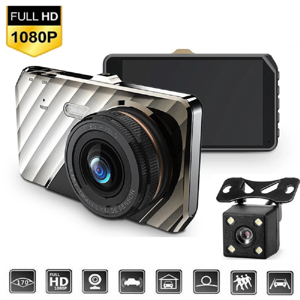 

1080P 170° Wide Angle Dash Cam 4 In 24H Car DVR Camera Video Recorder Rear View Dual Lens HD Cycle Recording Video Mirror Record
