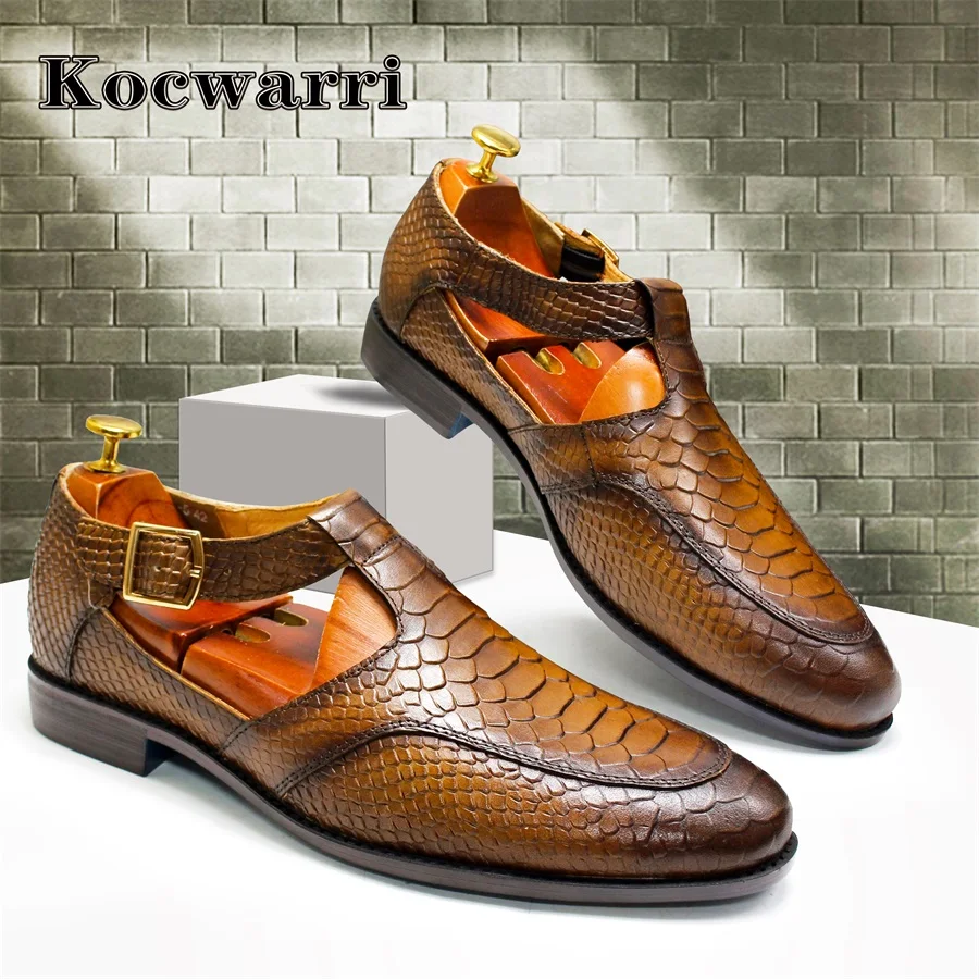 Leather Men's Sandals Snake Pattern Hollow Dress Shoes Casual Style Metal Button Sandals Office Men's Shoes Leather Shoes