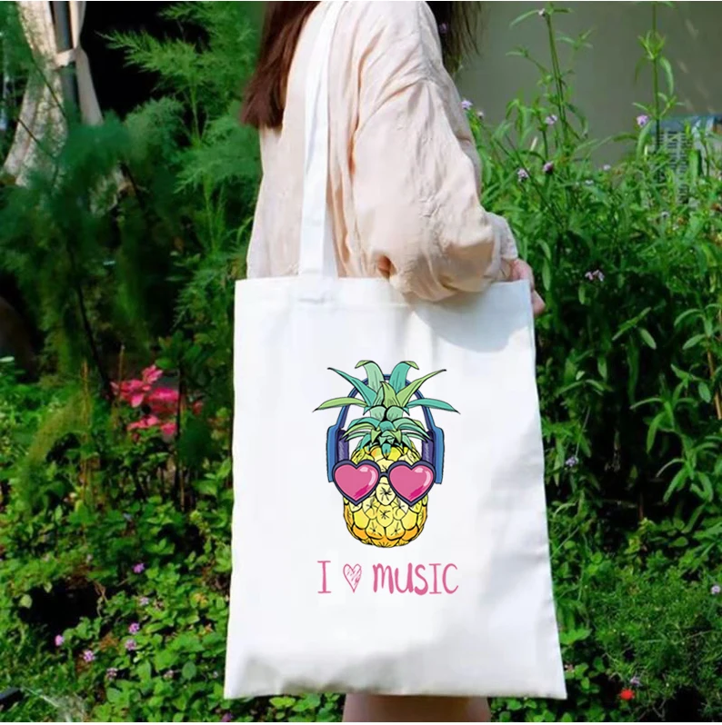 

Pineapple Cool Canvas Tote Bag Sunglasses Aloha Shopping Bag Cartoon Beaches Hawaii Classic Custom Bags with Logo