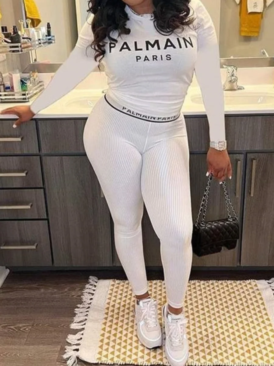 

LW 2PC Letter Print Rib Knit Pants/Shorts Set Mandarin Collar Long Sleeve T-shirt&Trendy Sheath Leggings/Shorts Women Two Pieces