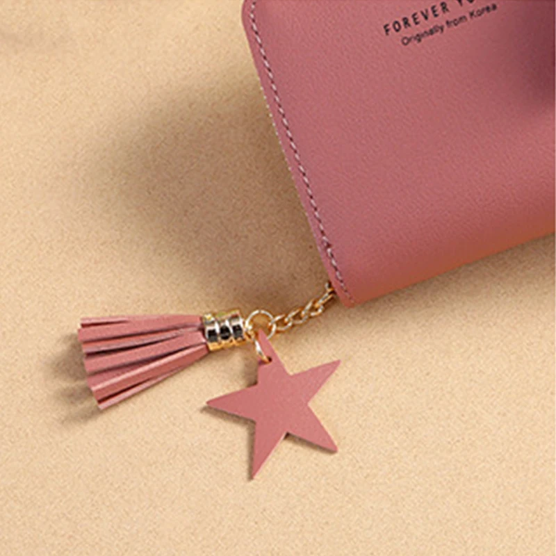 Women Short Wallet Simple Square Wallet Zipper PU Leather Wallet Tassel Mini Coin Purse Female Credit Bank Card Holder cartera