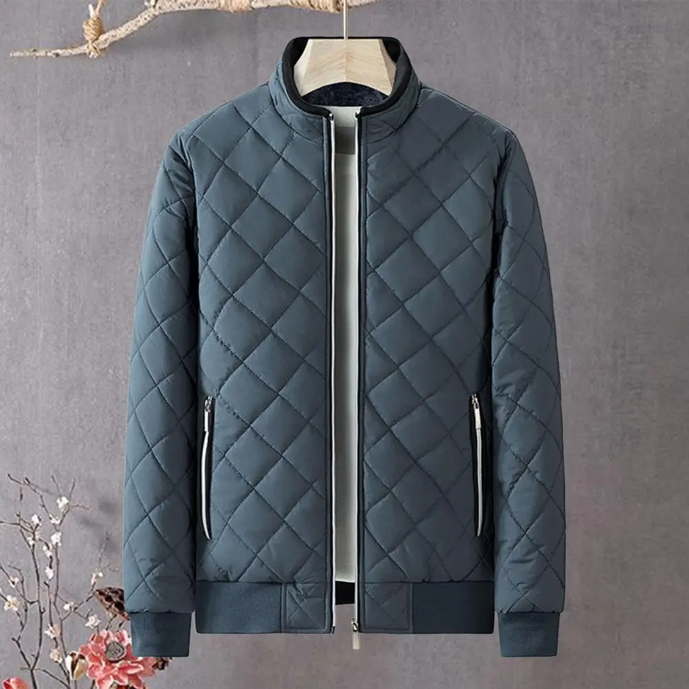 

Full Zipper Closure Winter Coat Stylish Men's Rhombus Embossed Jacket Warm Fleece Lining Slim Fit Coat for Autumn Winter Fashion