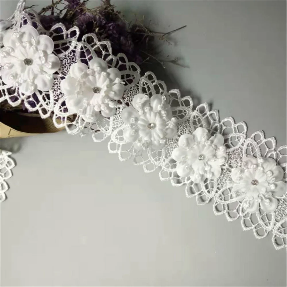 

2 yards White Polyester Pearl Flowers Leaf Embroidered Lace Trim Ribbon Fabric Sewing Supplies Craft For Garment Hat Decoration