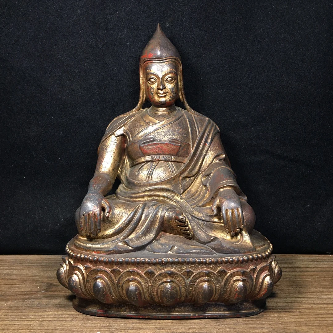 

9"Tibet Temple Collection Old Bronze Cinnabar Mud gold Master Je Tsongkhapa Tibetan Buddhism Worship Hall Town house