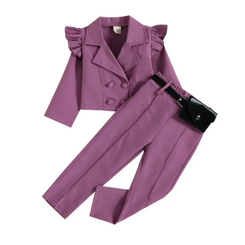 

1-6Y Kids Girls Autumn Clothes Set With Belt Bag Baby Girl Ruffle Long Sleeve Lapel Blazer Outerwear+Long Pants Children Outfits