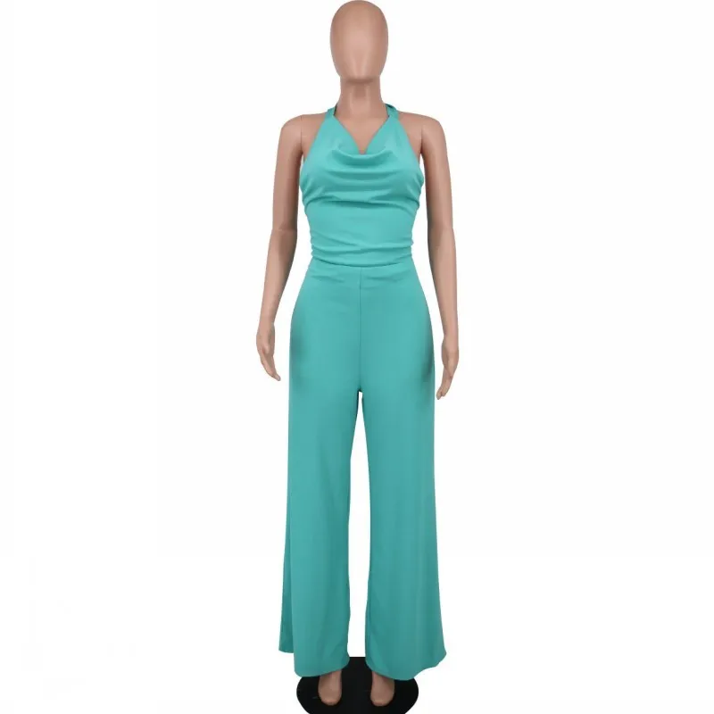 Chic Jumpsuit Summer Women's Sexy Backless Sleeveless Rompers Bazin Baggy Pants Solid Color High Waist Trousers Street Club New