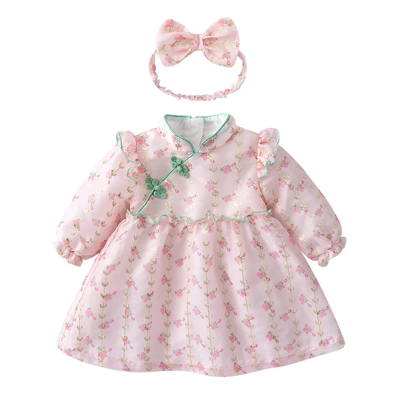 

Весенне-Осенняя детская одежда, платье для маленьких девочек, платье-Ципао с длинными рукавами для младенцев, платье принцессы, детская оде...