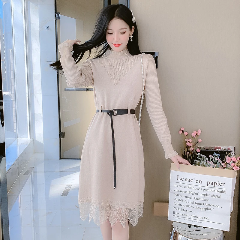 

Женское цельнокроеное корейское платье, осень 2022, новое однотонное вязаное кружевное платье для офиса с длинным рукавом и высокой талией, п...