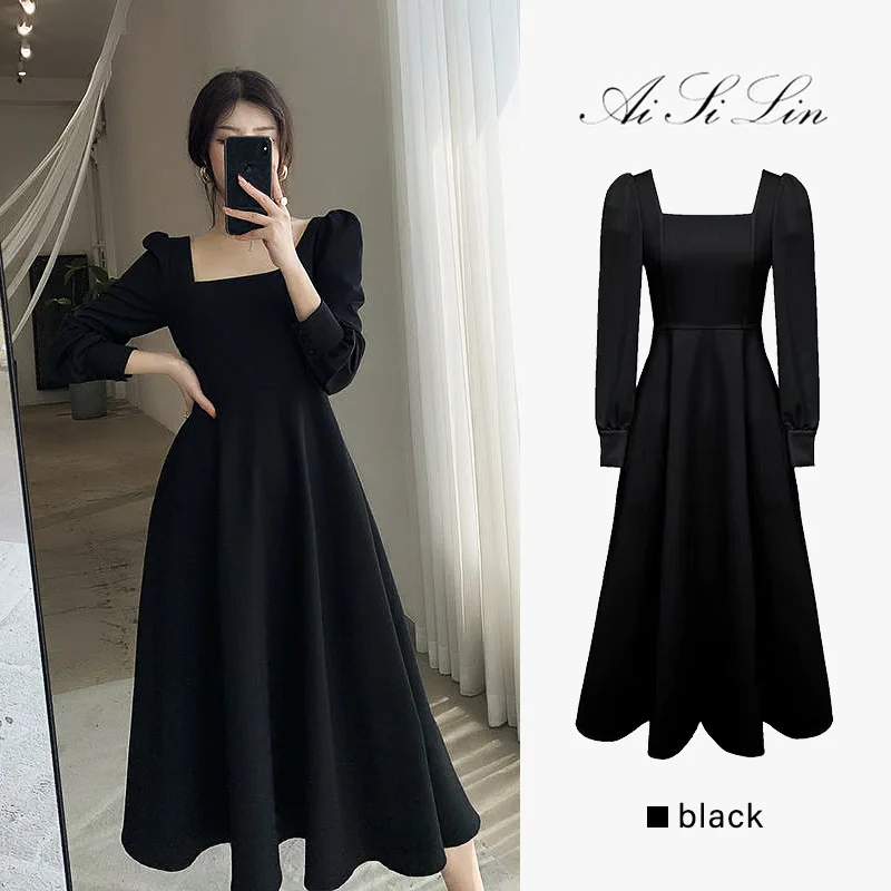 Black Hepburn Dress Women's 2021 High Waist Thin French Square Collar Long Sleeve Little Black Vestidos Elegantes Para Mujer