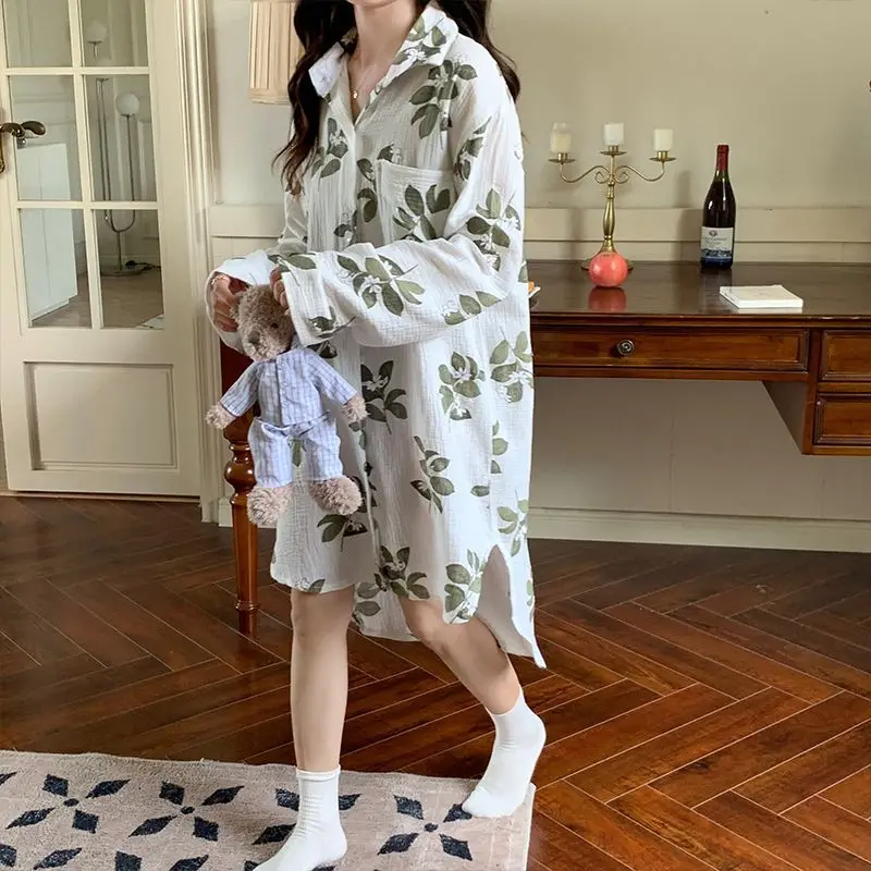 QWEEK Cotton Sleeping Shirt Woman Cardigan Home Clothes Casual Long Sleeve Print Sleepwear Korean Style Gauze Soft Nightie