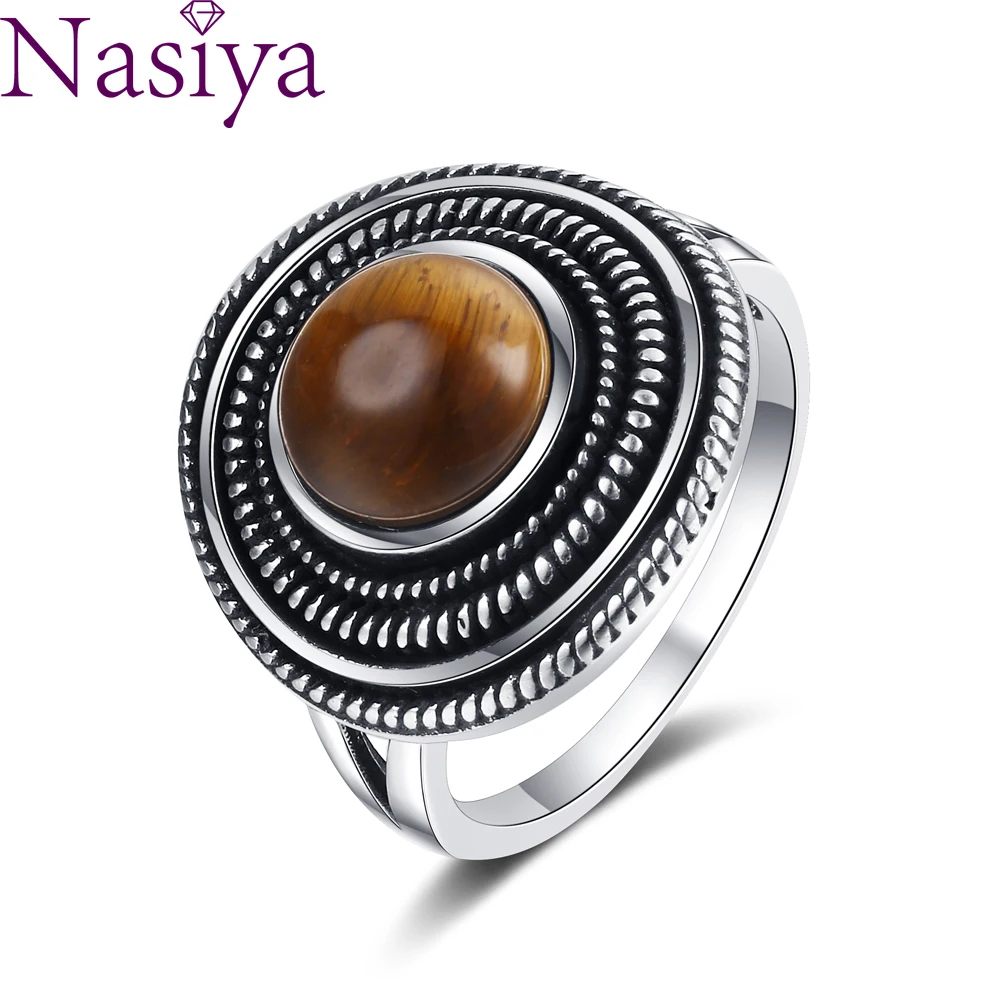 

Retro Texture Round 8MM Natural Tiger Eye Rings Women's Gemstone Vintage Engagement Ring Fine Jewelry Gift