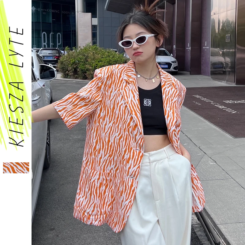 Summer Thin Blazer for Women Orange Zebra Short Sleeve Female Leisure High Street Fashionable Suit Jacket Outwear