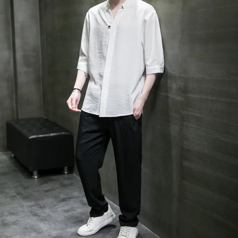 

Trendy Men's V-neck T-shirt Trousers Set Solid Color Harajuku Yukata Kimono Shirt Black Pants Business Casual Two-piece Set