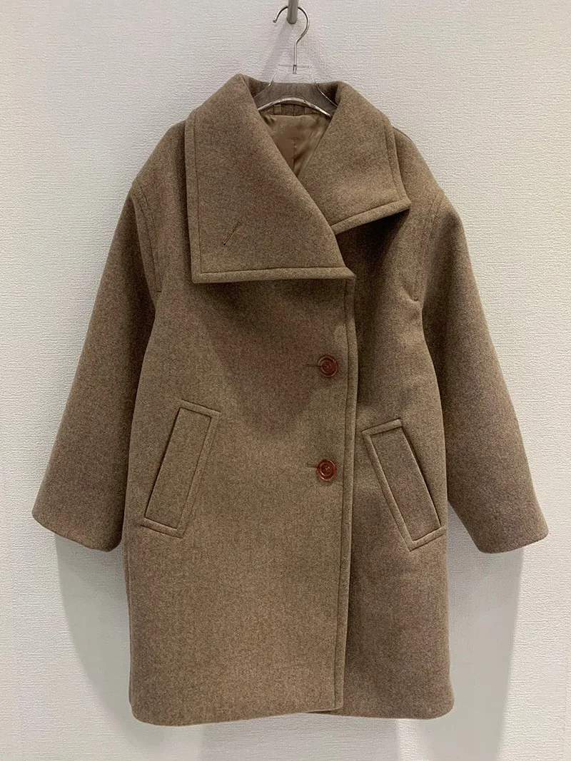 

Женское шерстяное пальто средней длины, прямое однобортное длинное теплое пальто с отложным воротником и карманами, зима 2023