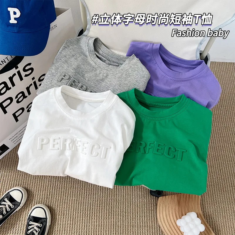 

2022 summer children’s clothing children’s version of pure white t-shirt boy letter short sleeve