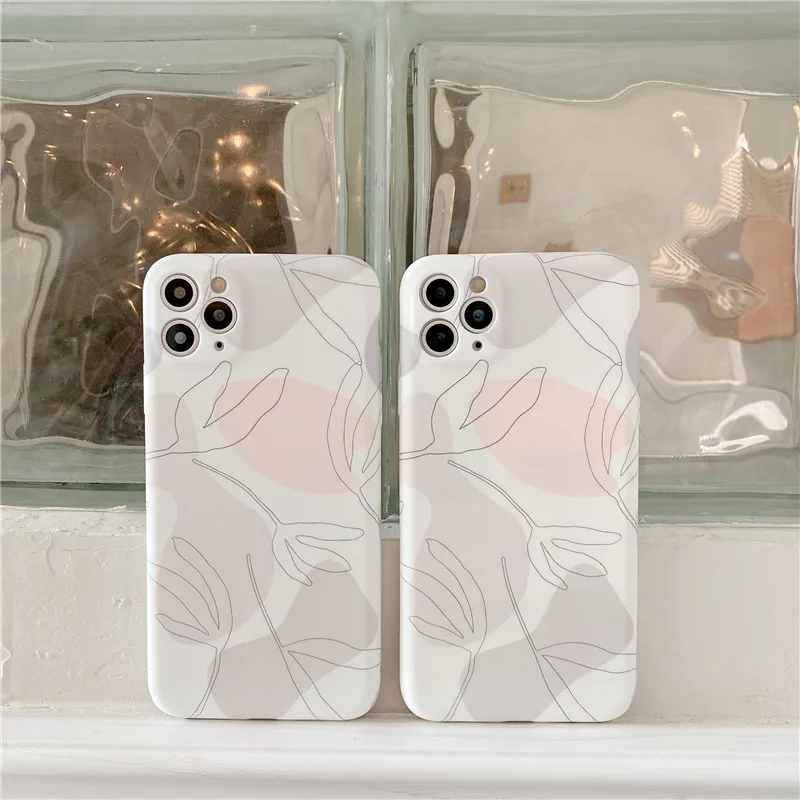 

Retro Abstract line art leaf japanese Phone Case For iPhone 13 12 11 Pro max Mini Xr Xs max 7 8 Plus 7Plus case Cute Soft cover