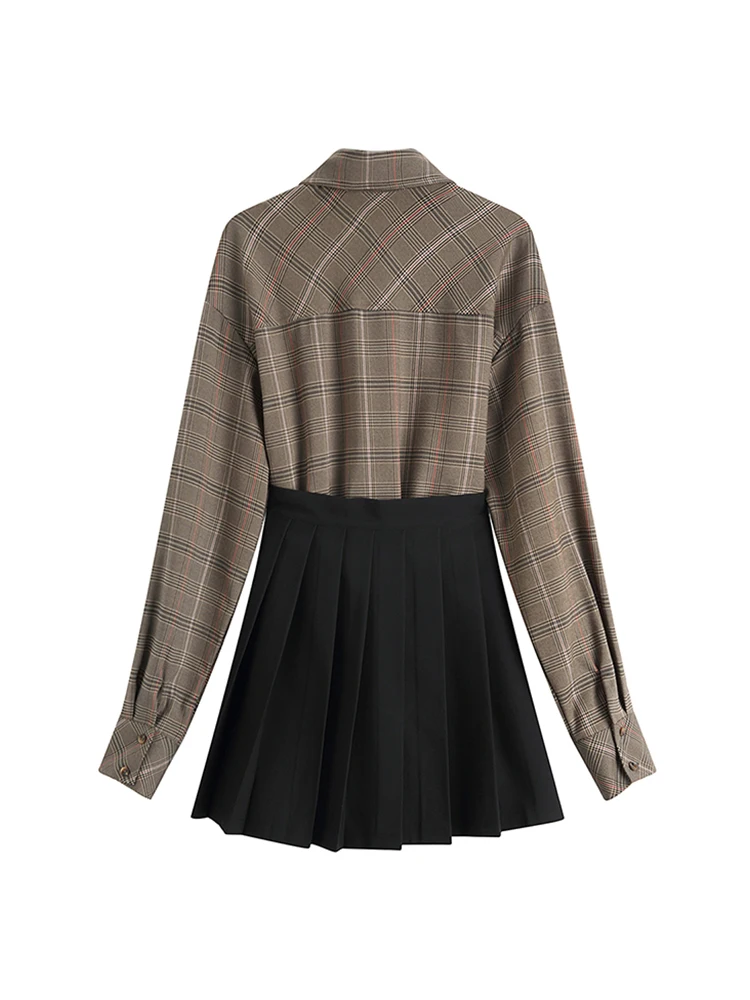 Женское платье с длинным рукавом элегантное винтажное черное в клетку Корейском