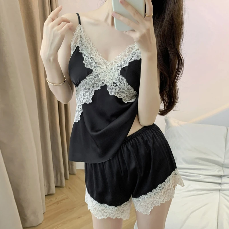 

Women Pajamas Set Lace Trim Short PJ Set Silk V Neck Sleeveless Sleepwear Elastic High Waist Nightwear Loungewear M~XL