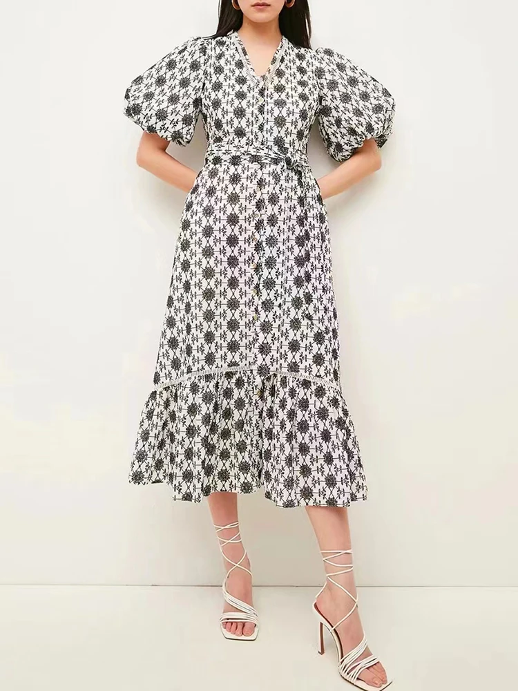 Женское винтажное платье с принтом VGH лоскутное миди V-образным вырезом пышными