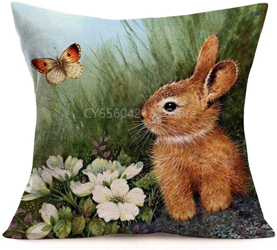 

Happy Easter Y'all Cute Bunny and Butterfly with Spring Flower Cotton Linen Throw Pillow Covers Vintage Oil Painting Pillowcase