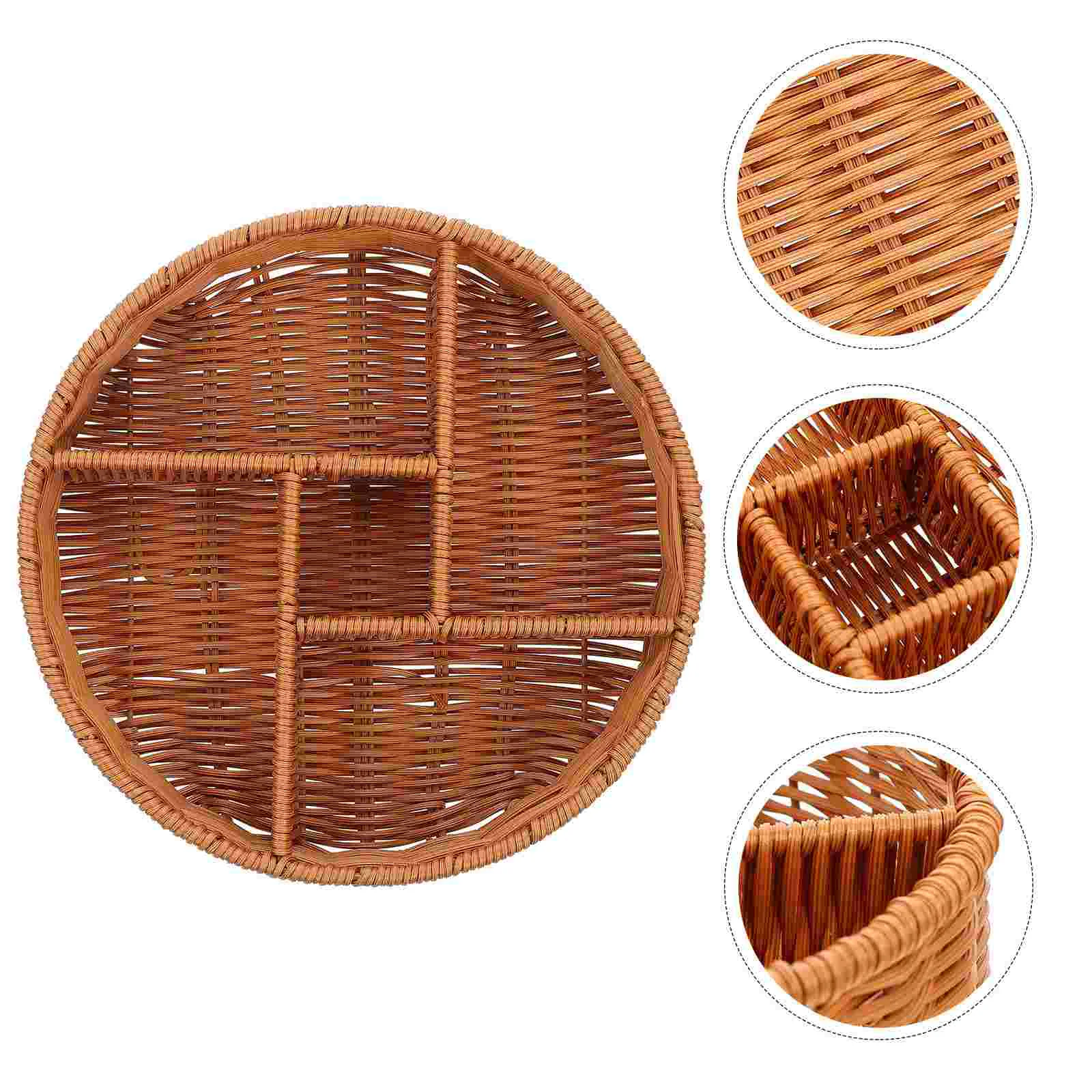 

Tray Basket Serving Rattan Storage Woven Wicker Fruit Holder Snack Bread Baskets Platter Table Plate Divided Coffee Display
