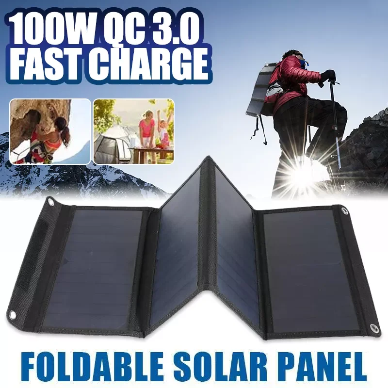 

100W QC3.0 Fast Charge Solar Panels Portable Foldable Waterproof USB Type-C Solar Panel Charger Power Bank for Phone Battery