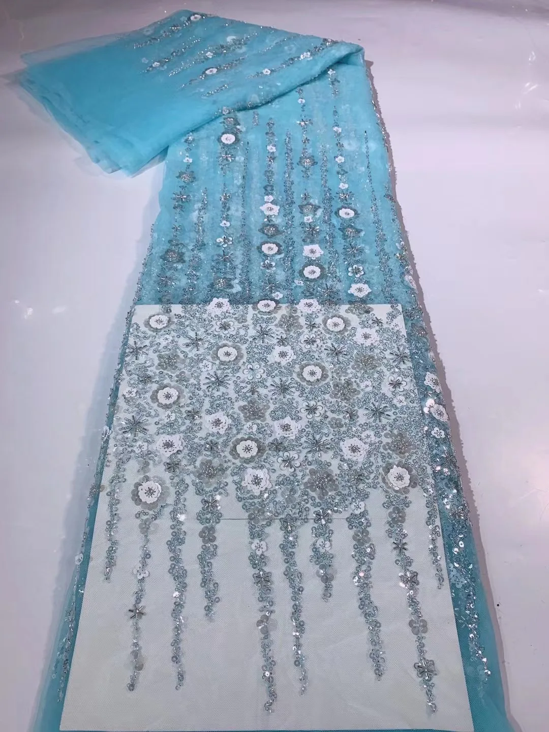 

FXS 001 Luxury Handmade African White Color Beaded Net Lace With Sequins French AlgerianTulle Net Fabric Party Wedding Dress