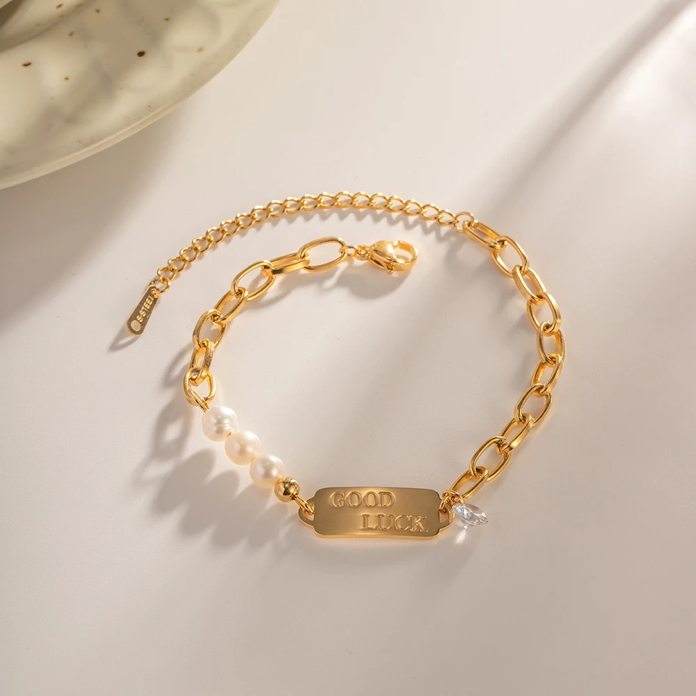 

Spring Natural Pearl Chain Bracelet For Women Summer Cute GOOD LUCK Hand Bracelet Ladies Stainless Steel Pearl Bracelet Jewelry
