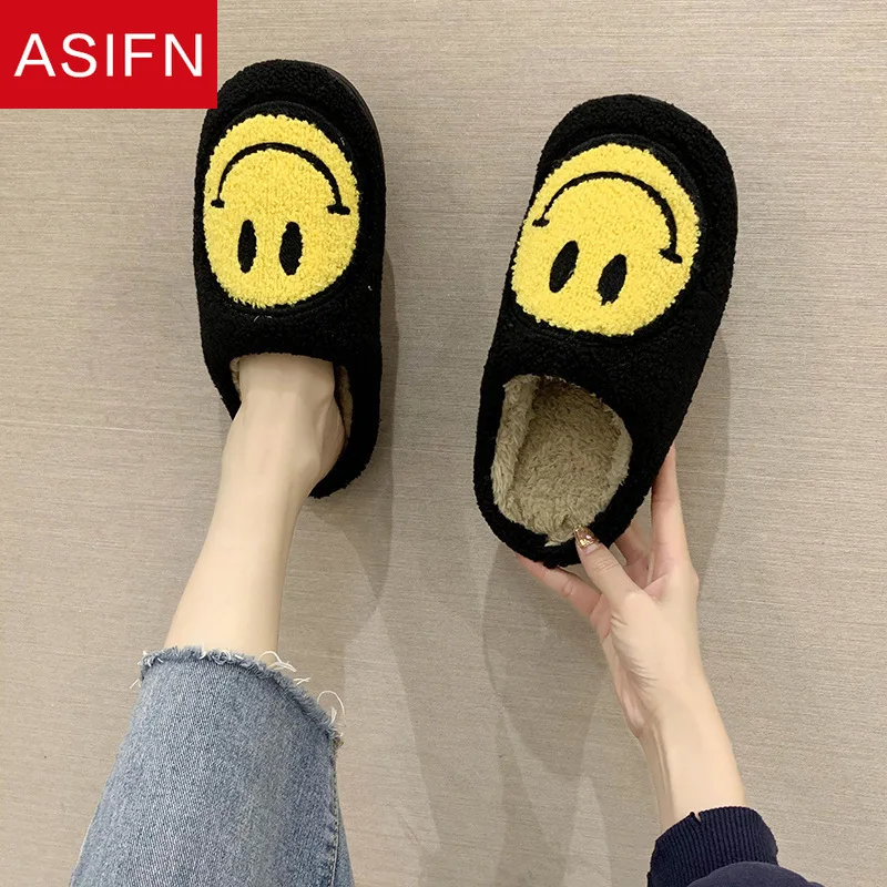 Женские меховые тапочки ASIFN Smiley Симпатичные мюли для пола с большой улыбкой