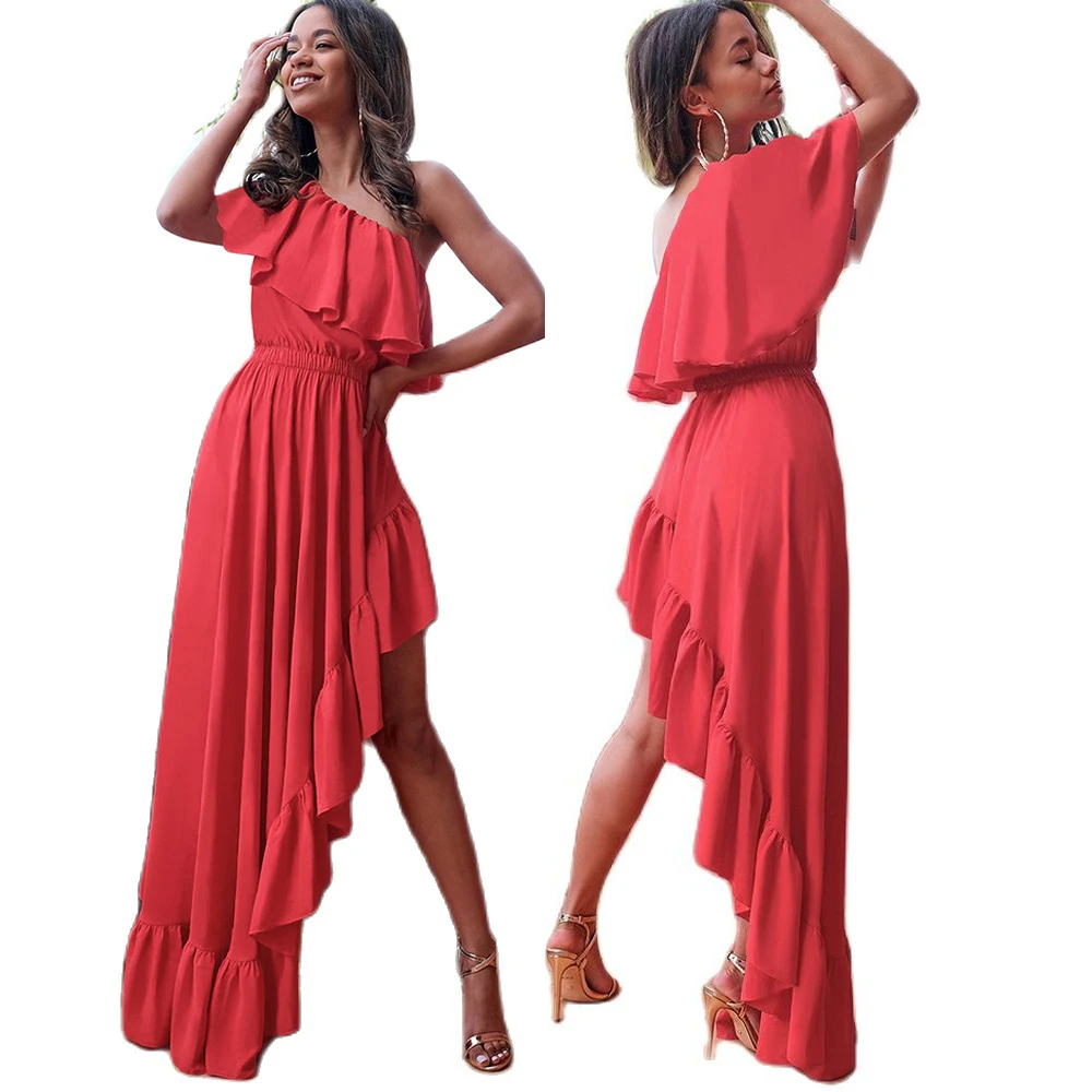 

Sexy One Shoulder Ruffles Irregular Maxi Dress Women 2022 Summer Retro Diagonal Collar Backless Elastic Waist Club Party Dresses