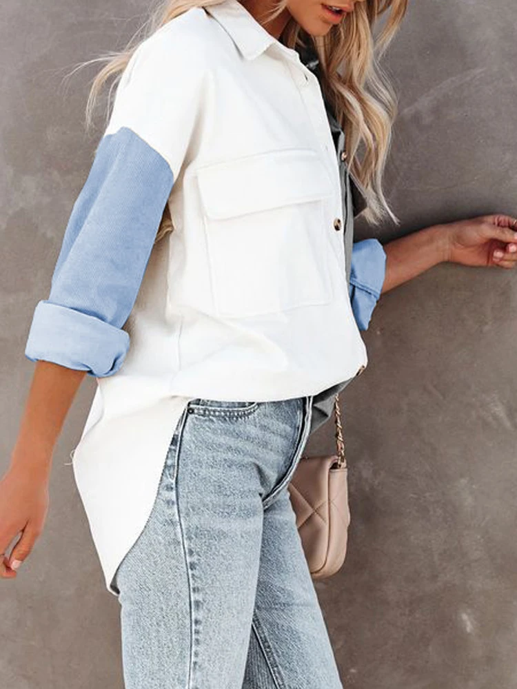 Женская Вельветовая рубашка на пуговицах свободная в контрастную клетку