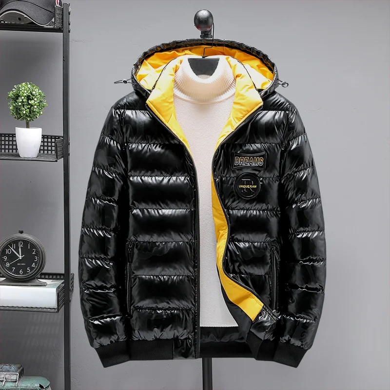 Thicken Fluorescence Hooded Mens Parkas Oversized Warm Winter Leather Coats Harajuku Fashion Male Loose Cotton Padded Jackets